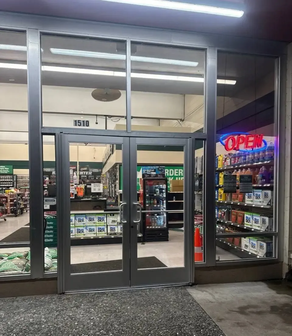 Metal-framed commercial glass entrance