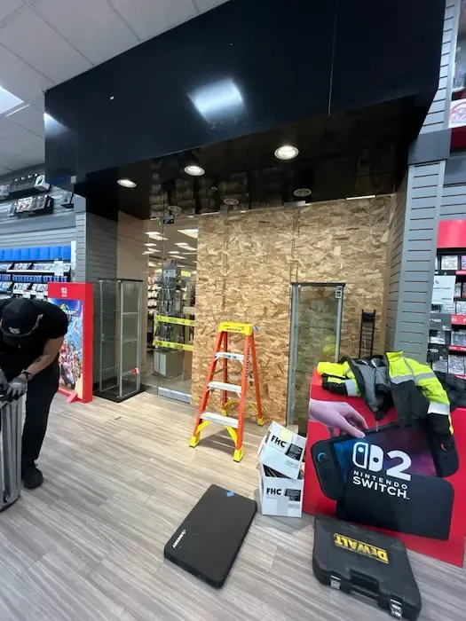 Boarded retail storefront opening with a ladder and repair equipment