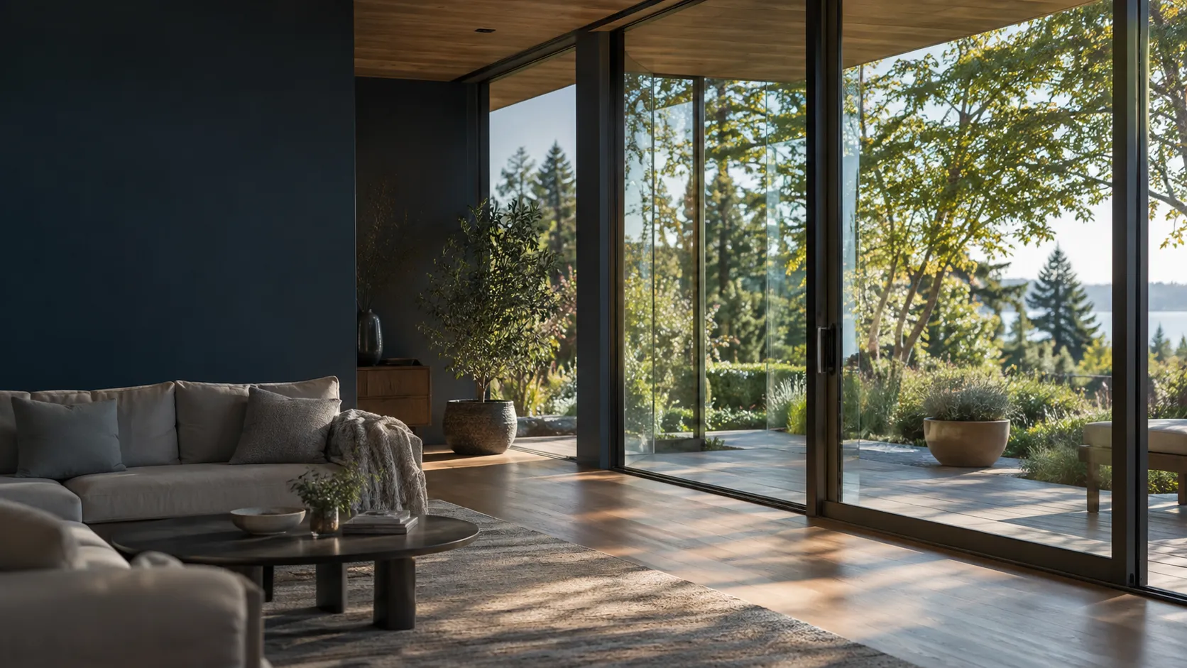 Architectural concept of a quiet living room with garden-facing glass doors and soft daylight on a wood floor.