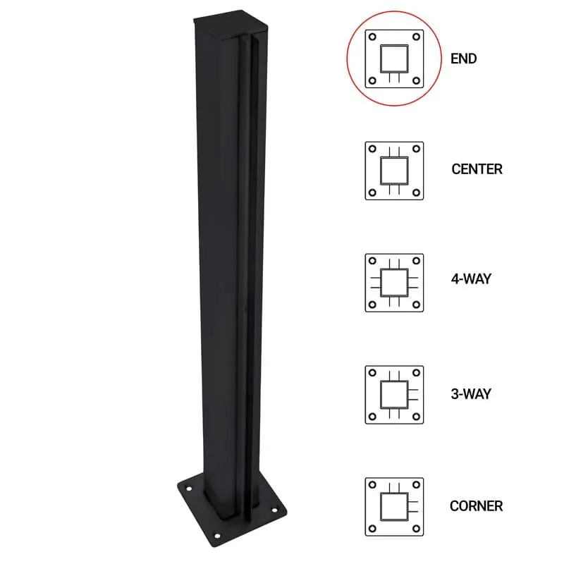 Black square partition post with diagrams for end, center, corner, three-way and four-way layouts