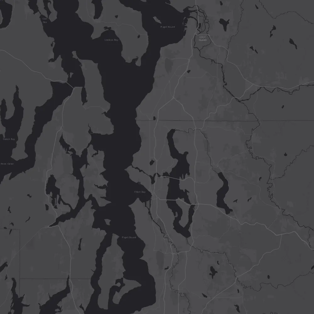 Puget Sound and Lake Washington, from Everett south through Seattle and Tukwila.