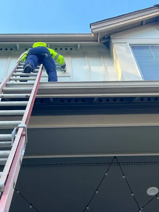 Worker on a ladder at an upper-floor window above a sloping roof.