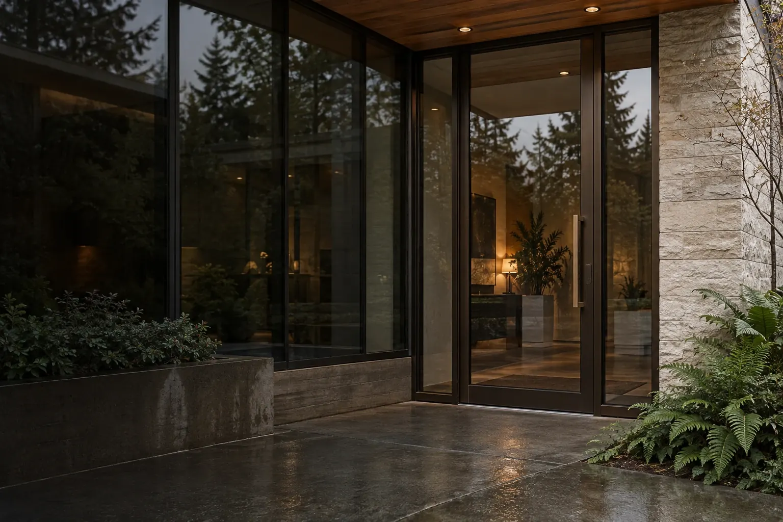 Illustrative Northwest architecture with a glazed entrance and large windows