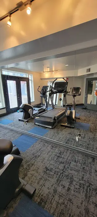 Large wall mirror installed in a fitness room with cardio equipment and track lighting.