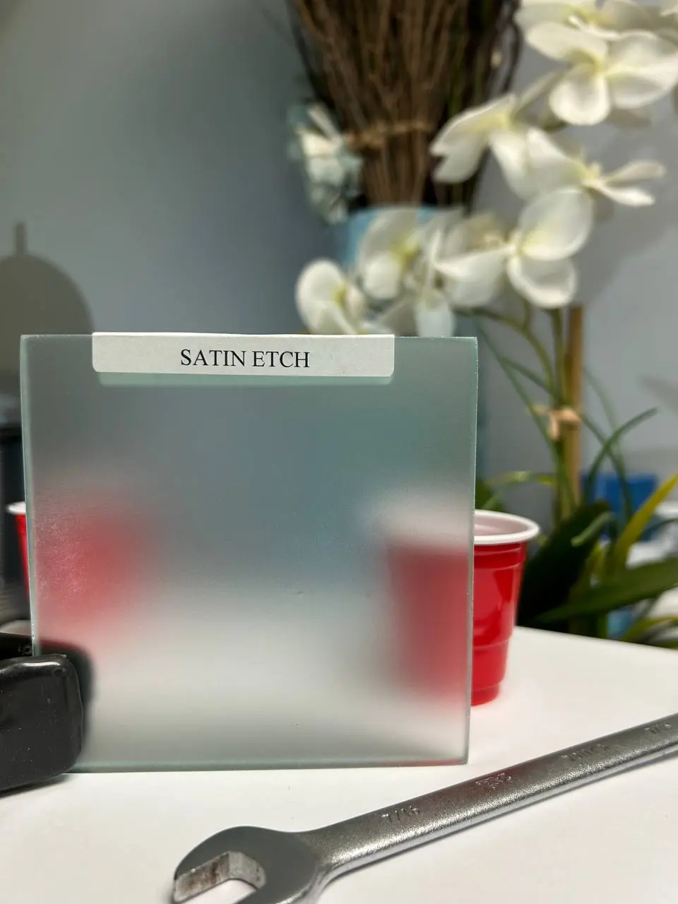 Smooth satin-etched glass for clean privacy panels, doors, sidelites, and partitions.